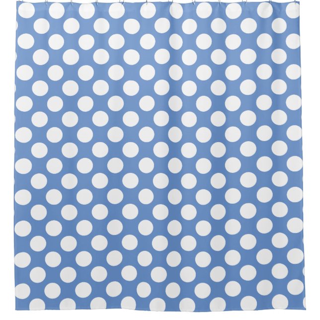 Cornflower Blue: Large white Polka Dot Pattern Shower Curtain (Front)