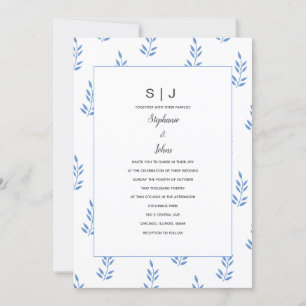 Cornflower Blue Leaf Monogram Simple Wedding Invitation