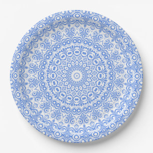 Cornflower Blue Mandala Kaleidoscope Medallion Paper Plate