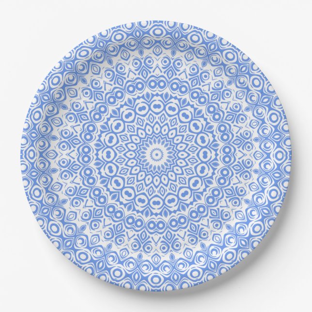 Cornflower Blue Mandala Pattern Paper Plate (Front)