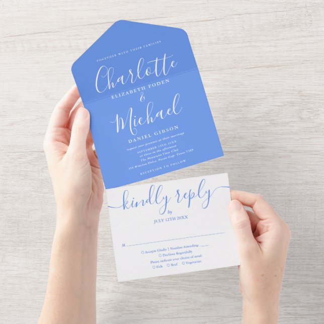 Cornflower Blue Modern Signature Script Wedding All In One Invitation (Tearaway)