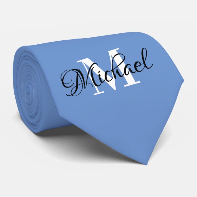Cornflower Blue Monogramed Necktie (Rolled)