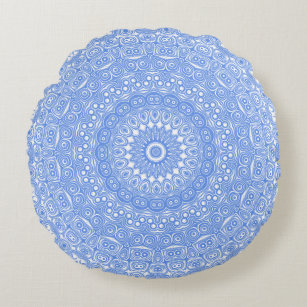 Cornflower Blue on White Mandala Kaleidoscope Round Cushion