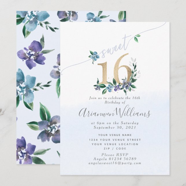 Cornflower blue Paeony Roses Invitation (Front/Back)
