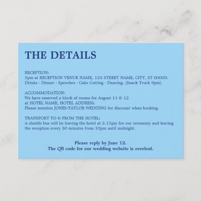 Cornflower Blue QR Code Wedding Details Enclosure Card (Front)