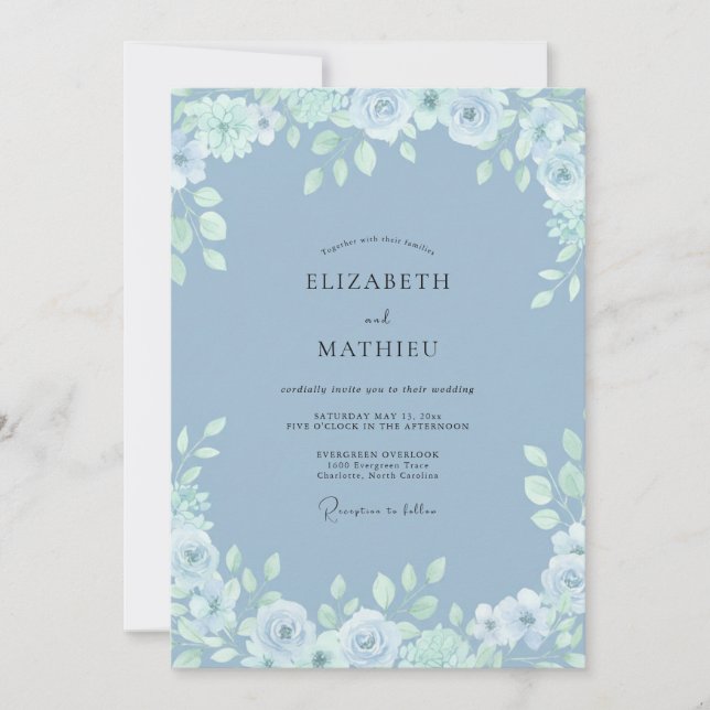 Cornflower Blue Refined Botanical Wedding Invitation (Front)