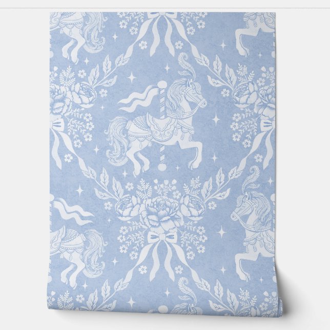 Cornflower Blue Rococo Carousel Horses & Florals Wallpaper (Unrolling)