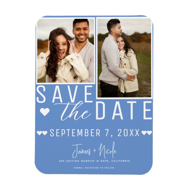 Cornflower Blue Save the Date  2 Photo Wedding  Magnet (Vertical)