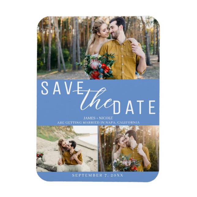 Cornflower Blue Save the Date Wedding 3 Photos Magnet (Vertical)