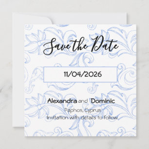 Cornflower blue scroll type border patterned save the date