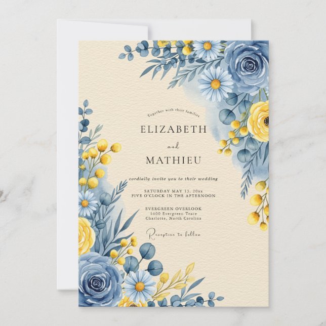 Cornflower Blue Serene Botanical Wedding Invitation (Front)