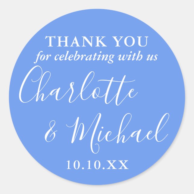 Cornflower Blue Signature Wedding Favour Thank You Classic Round Sticker (Front)