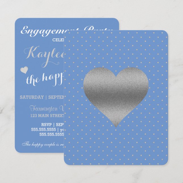 Cornflower Blue & Silver Polka Dot Shower Party Invitation (Front/Back)