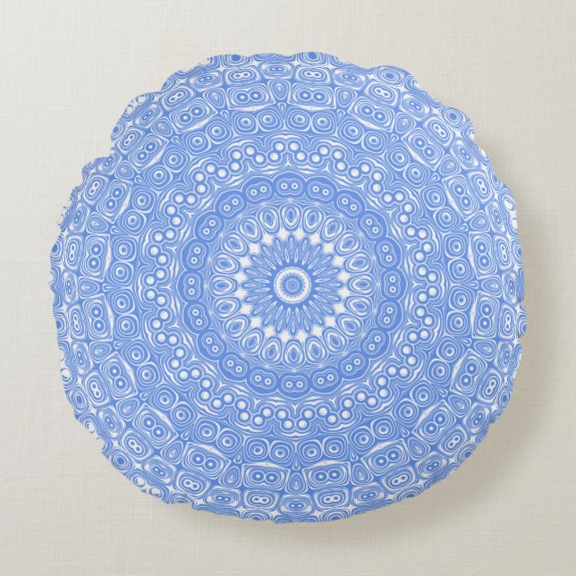 Cornflower Blue Symmetry Mandala Round Cushion (Front)