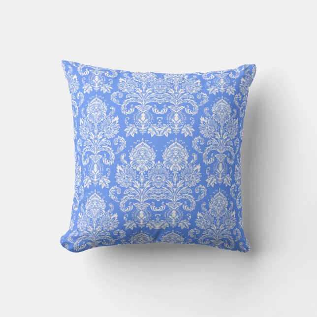 Cornflower Blue Victorian Damask Cushion (Front)