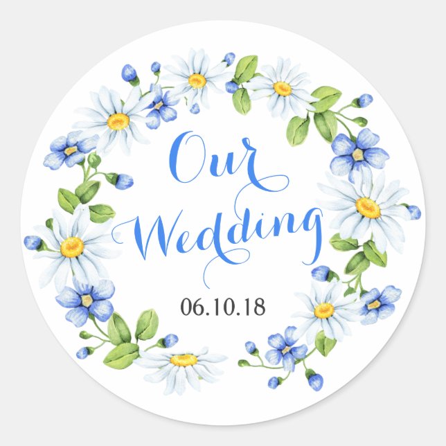 Cornflower Blue White Daisy Flower Floral Wedding Classic Round Sticker (Front)