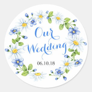 Cornflower Blue White Daisy Flower Floral Wedding Classic Round Sticker