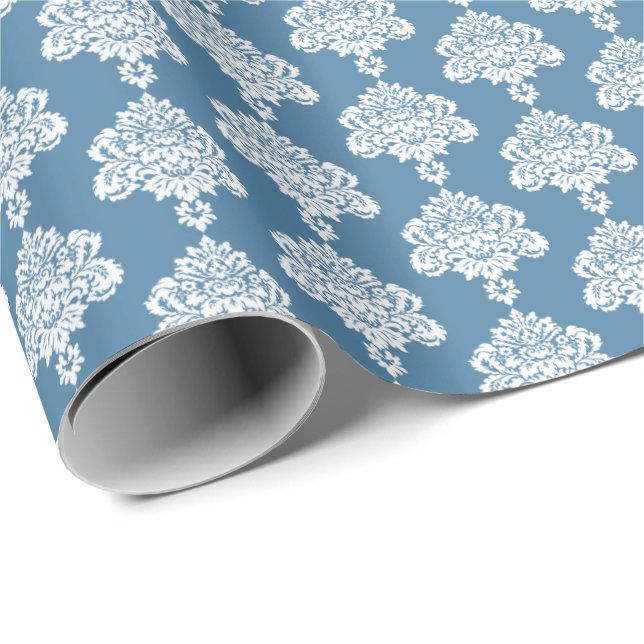 Cornflower Blue | White Damask Wrapping Paper (Roll Corner)