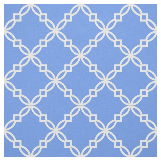 Cornflower Blue, White Fancy Moroccan Quatrefoil Fabric (Swatch)