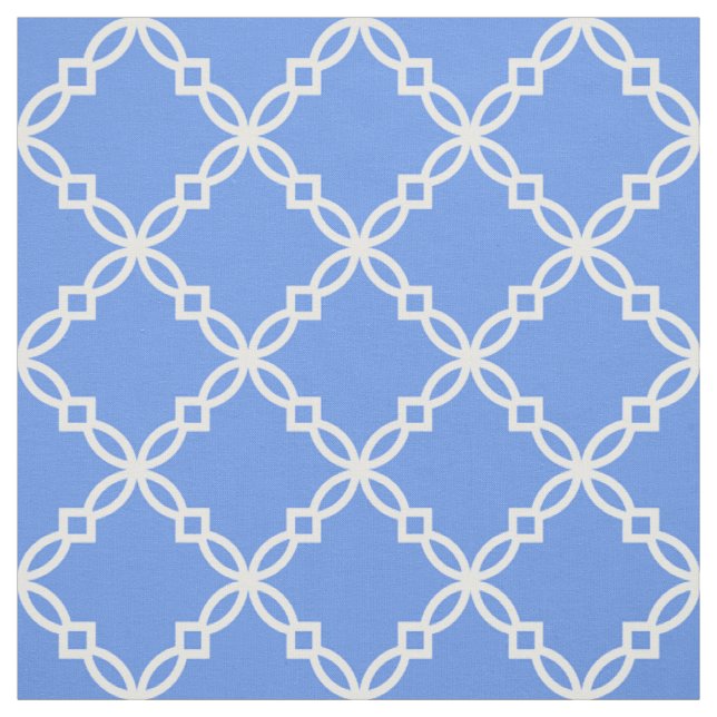 Cornflower Blue, White Fancy Moroccan Quatrefoil Fabric (Swatch)