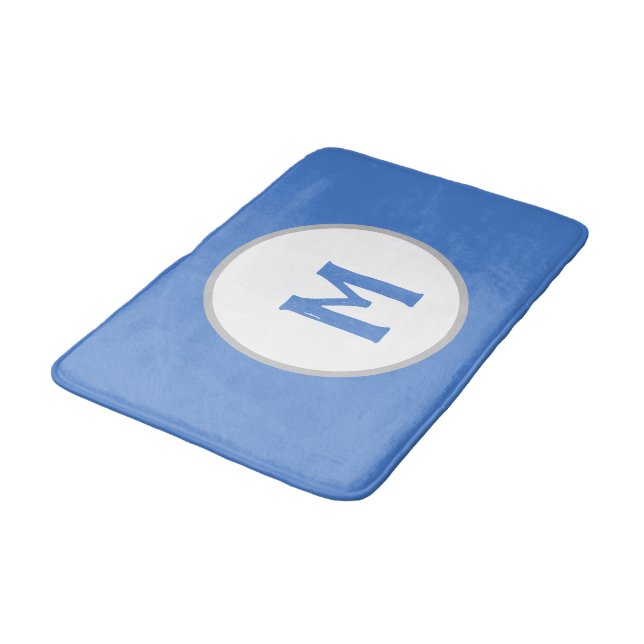 Cornflower Blue White Silver Monogram Bath Mat (Angled)
