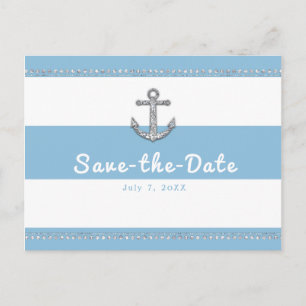 Cornflower Blue & White Stripes Diamond Anchor Announcement Postcard