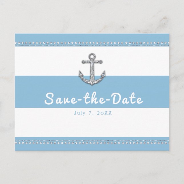 Cornflower Blue & White Stripes Diamond Anchor Announcement Postcard (Front)