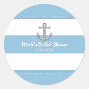 Cornflower Blue & White Stripes Diamond Anchor Classic Round Sticker