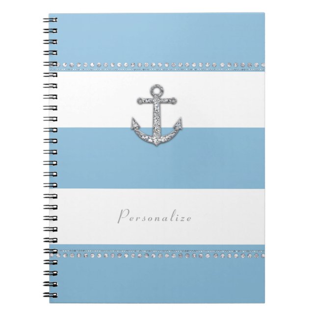 Cornflower Blue & White Stripes Diamond Anchor Notebook (Front)
