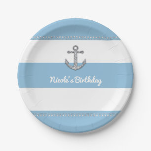 Cornflower Blue & White Stripes Diamond Anchor Paper Plate