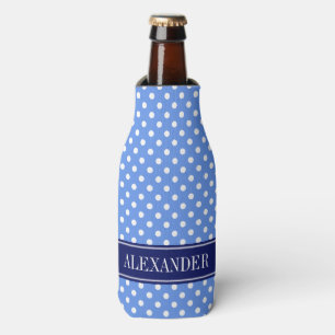 Cornflower Blue Wht Polka Dots Navy Name Monogram Bottle Cooler