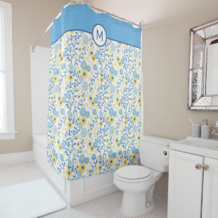 Cornflower Blue Yellow Floral Monogram Shower Curtain