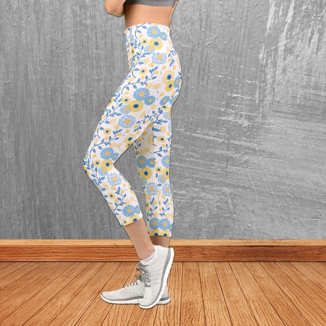 Cornflower Blue Yellow Floral Pattern Capri Leggings (Creator Uploaded)