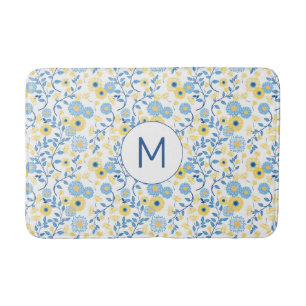 Cornflower Blue Yellow Floral Pattern Monogram Bath Mat