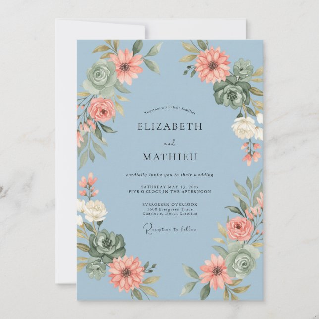 Cornflower Blush Coral Wreath Wedding Invitation (Front)