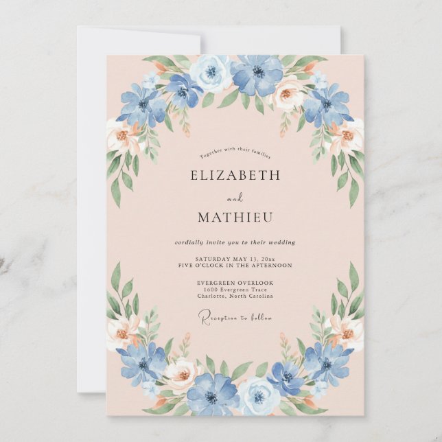 Cornflower Blush Wreath Wedding Invitation (Front)