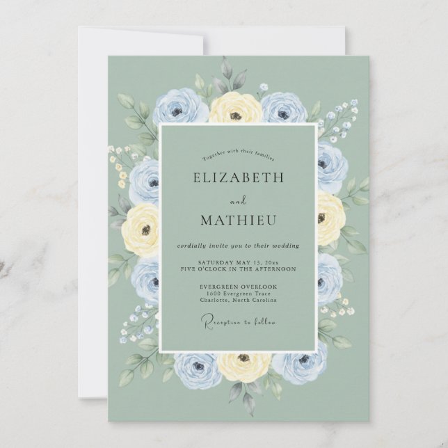 Cornflower Butter Ranunculus Muted Eucalyptus Wedd Invitation (Front)