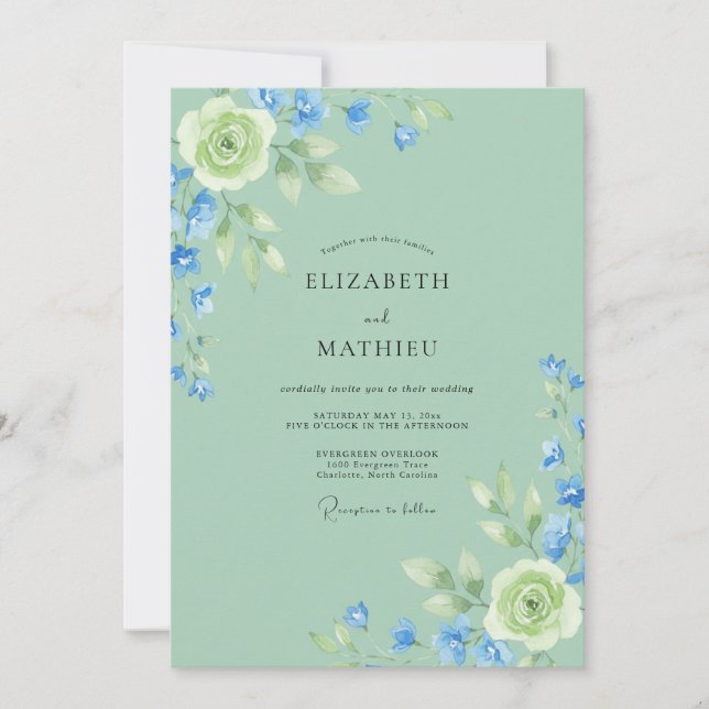 Cornflower Celadon Peony Wedding Invitation (Front)