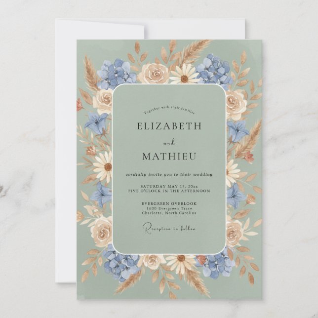 Cornflower Champagne Pampas Eucalyptus Wedding Invitation (Front)