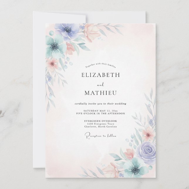 Cornflower Coral Peony Wedding Invitation (Front)