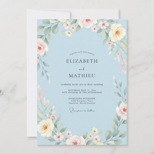 Cornflower Cream Ranunculus Eucalyptus Wedding Invitation (Front)