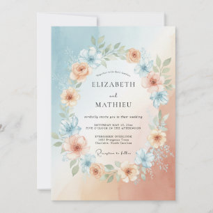 Cornflower Dusty Peach Wreath Wedding Invitation