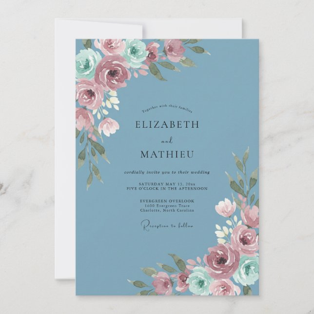 Cornflower Dusty Pink Eucalyptus Wedding Invitation (Front)
