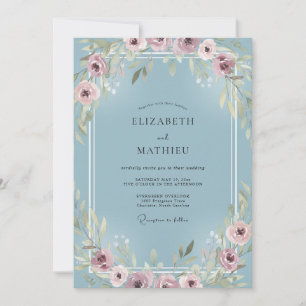 Cornflower Dusty Pink Flower Eucalyptus Wedding Invitation