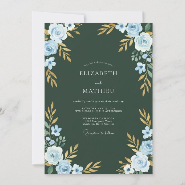 Cornflower Forest Ranunculus Eucalyptus Wedding Invitation (Front)