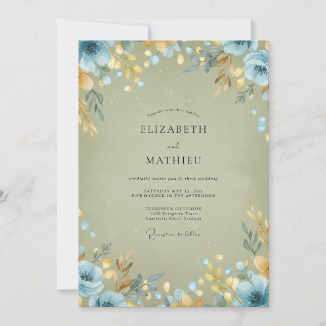 Cornflower Gold Leafy Wedding Invitation (Front)