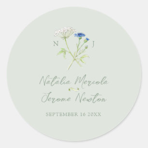 Cornflower hartwort botanical green blue wedding classic round sticker