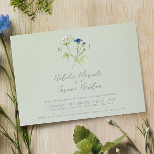 Cornflower hartwort botanical green blue wedding invitation