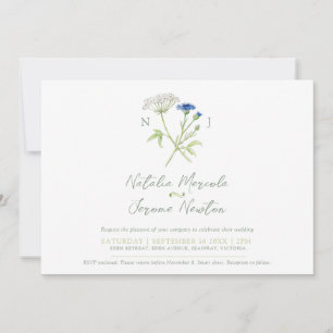 Cornflower hartwort botanical white green wedding invitation