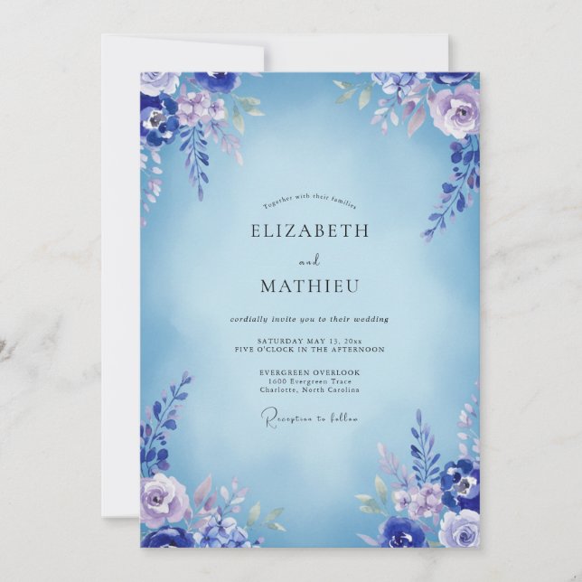 Cornflower Hydrangea Grey Eucalyptus Wedding Invitation (Front)